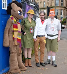 Size: 1920x2116 | Tagged: safe, derpibooru import, daring do, doctor caballeron, doctor whooves, human, g4, 2019, bronyscot, clothes, cosplay, costume, doctor who, fursuit, group, image, irl, irl human, jpeg, outdoors, photo, ponysuit, quartet, tardis