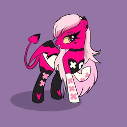 Size: 1280x1280 | Tagged: safe, artist:kiramed, derpibooru import, ponified, demon, demon pony, original species, pegasus, pony, succubus, succubus pony, big eyelashes, big eyes, choker, clothes, colored, colored wings, colorful, crossover, cute, demon wings, detailed, devil tail, digital art, dress, eyeliner, female, gloves, hair, hair over one eye, hell, hellaverse, hellborn, helluva boss, image, jewelry, jpeg, long hair, looking at you, makeup, pink hair, pink skin, pink tail, shoes, simple background, smiling, solo, species swap, spread wings, standing, tail, verosika mayday, wings