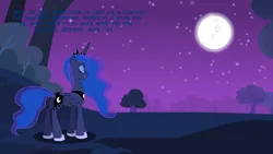 Size: 5760x3240 | Tagged: safe, artist:tragedic, derpibooru import, edit, vector edit, princess luna, alicorn, pony, g4, season 3, sleepless in ponyville, background used, bush, crown, eyes closed, flowing mane, flowing tail, folded wings, forest, forest background, full moon, glow, grass, grass field, horn, image, jewelry, luna's crown, lyrics, moon, my little pony, nature, night, nightwish, open mouth, outdoors, png, regalia, shadow, singing, sleeping sun, solo, song reference, stars, tail, text, tree, vector, vector used, wings