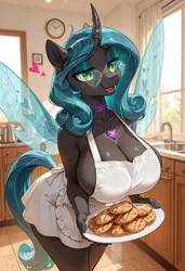 Size: 480x702 | Tagged: suggestive, ai generated, prompter:stre4m, queen chrysalis, anthro, changeling, changeling queen, g4, apron, big breasts, breasts, cleavage, clothes, cookie, day, eyeshadow, female, food, glasses, heart, horn, image, indoors, jewelry, jpeg, kitchen, makeup, naked apron, necklace, reversalis, slit pupils, solo, solo female, wings