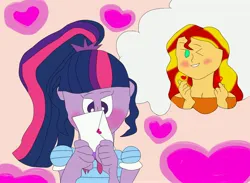 Size: 4096x2991 | Tagged: safe, artist:wlsadel, derpibooru import, sci-twi, sunset shimmer, twilight sparkle, human, equestria girls, g4, ><, blushing, cyan eyes, duo, eyes closed, female, heart, holiday, image, jpeg, lesbian, letter, long hair, love letter, ponytail, purple eyes, purple hair, scitwishimmer, shipping, sunsetsparkle, two toned hair, valentine's day