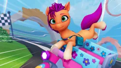 Size: 768x432 | Tagged: safe, derpibooru import, official, sunny starscout, earth pony, pony, g5, 3d, female, image, mare, my little pony: bridlewood rp, png, race, race track, roblox, solo, speed lines, vehicle