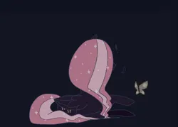 Size: 700x500 | Tagged: artist needed, safe, derpibooru import, fluttershy, butterfly, insect, moth, pegasus, pony, g4, blue background, darkened coat, exclamation point, folded wings, image, initial, lying down, nightmare fluttershy, nightmareshy, nightmarified, open mouth, png, prone, rear view, side view, signature, simple background, solo, spooked, starry hair, text, tumblr:ask nightmareshy, two toned hair, wings
