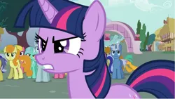 Size: 1367x770 | Tagged: safe, derpibooru import, screencap, carrot top, cherry berry, comet tail, golden harvest, lyra heartstrings, minuette, neon lights, rising star, snails, snips, twilight sparkle, earth pony, pony, unicorn, g4, magic duel, season 3, bridge, bright bulb, horn, image, my little pony, png, ponyville, tree, unicorn twilight