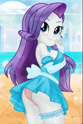 Size: 720x1080 | Tagged: suggestive, artist:charliexe, derpibooru import, rarity, human, equestria girls, g4, adorasexy, animated, beach, bowtie, breasts, butt, city, clothes, cloud, cute, dress, evening gloves, eyeshadow, female, garter, gloves, image, long gloves, makeup, no sound, ocean, outdoors, panties, pink panties, pink underwear, raribetes, rearity, sand, sexy, skirt, solo, solo female, underwear, upskirt, water, webm