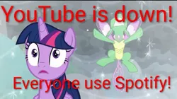 Size: 720x403 | Tagged: safe, derpibooru import, edit, edited screencap, screencap, twilight sparkle, twilight sparkle (alicorn), alicorn, changedling, changeling, g4, the ending of the end, cloud, cloudy, d:, duo, duo focus, female, image, jpeg, meme, my little pony, nose in the air, open mouth, shield, youtube is down