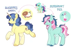 Size: 1529x1075 | Tagged: safe, artist:pink-sharkz, derpibooru import, bon bon, lyra heartstrings, oc, oc:blueberry bagel, oc:peppermint fizz, earth pony, pony, unicorn, g4, :p, aside glance, bio in description, closed mouth, colored hooves, cutie mark, earth pony oc, female, female oc, floating heart, freckles, full body, heart, hooves, horn, image, long description, looking at you, looking sideways, magical lesbian spawn, mare, mare oc, offspring, parent:bon bon, parent:lyra heartstrings, parents:lyrabon, png, shiny hooves, siblings, side view, sideways glance, signature, simple background, sisters, smiling, smiling at you, standing, tongue out, unicorn oc, unshorn fetlocks, walking, white background