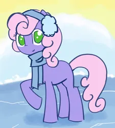 Size: 768x854 | Tagged: safe, artist:backgroundmares, derpibooru import, swirly cotton, earth pony, pony, g4, clothes, earmuffs, female, ice, image, looking at you, mare, missing cutie mark, no pupils, png, raised hoof, scarf, smiling, smiling at you, snow, solo, standing