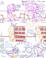 Size: 4779x6013 | Tagged: safe, artist:adorkabletwilightandfriends, derpibooru import, moondancer, starlight glimmer, twilight sparkle, twilight sparkle (alicorn), oc, oc:pinenut, alicorn, cat, comic:adorkable twilight and friends, g4, adorkable, adorkable twilight, book, bookshelf, clothes, comic, computer, couch, curtains, cute, dork, drawing, fast food, feline, food, glasses, happy, humor, image, jumping, love, lying down, nostril flare, nostrils, open mouth, pen, pet, pillow, png, rain, reading, sitting, sleeping, smiling, snore, surprised, sweater, tablet, window