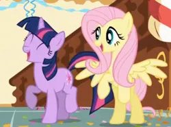 Size: 1576x1166 | Tagged: safe, derpibooru import, screencap, fluttershy, twilight sparkle, pegasus, unicorn, g4, griffon the brush off, bipedal, cute, daaaaaaaaaaaw, duo, duo female, eyes closed, female, happy, hnnng, horn, image, jpeg, my little pony, on hind legs, open mouth, party, prancing, shyabetes, sugarcube corner, twiabetes, weapons-grade cute, yay