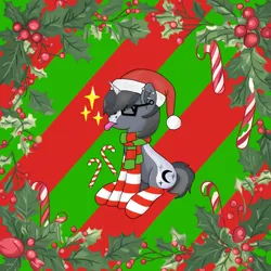 Size: 1349x1351 | Tagged: safe, artist:limerentangel, derpibooru import, oc, oc:limerent angel, unofficial characters only, pony, unicorn, christmas, clothes, hat, holiday, horn, image, mistletoe, png, santa hat, scarf, socks, solo, striped background, striped scarf, striped socks, tongue out, wreath