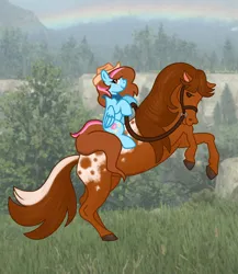 Size: 1114x1284 | Tagged: safe, artist:edgelordhedgelord, derpibooru import, oc, oc:tenderheart, unofficial characters only, horse, pony, g4, appaloosa, bipedal, coat marking, cowboy hat, duo, female, hat, horse riding, image, mare, png, realistic horse, rearing, reins, show accurate