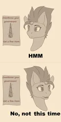 Size: 2160x4320 | Tagged: safe, artist:tenebrisnoctus, derpibooru import, fizzlepop berrytwist, tempest shadow, pony, unicorn, g4, 2 panel comic, atg 2024, broken horn, bust, comic, dialogue, female, high res, horn, image, mare, monochrome, newbie artist training grounds, png, poster, sepia, solo, update