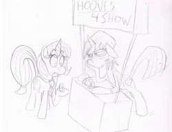 Size: 1594x1233 | Tagged: safe, artist:hombre cerdo, derpibooru import, oc, pony oc, pony, unicorn, booth, doodle, drawthread, duo, eye clipping through hair, eyebrows, eyebrows visible through hair, female, female oc, hoof hold, hooves, horn, image, jpeg, male, mare, mare oc, requested art, stallion, tired, traditional art, unicorn oc