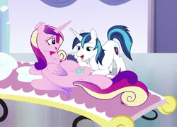 Size: 4000x2870 | Tagged: safe, artist:nika-rain, derpibooru import, princess cadance, shining armor, alicorn, pony, unicorn, g4, belly, big belly, commission, female, happy, horn, image, male, mare, married couple, pillow, png, pregdance, pregnant, shiningcadance, shipping, show accurate, stallion, straight, underhoof, valiance story, vector, wholesome