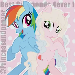 Size: 2048x2048 | Tagged: safe, artist:princessundpanzer, derpibooru import, rainbow dash, oc, oc:soft pastel, pegasus, pony, unicorn, g4, canon x oc, couple, couples, cute, female, girlfriend, horn, image, jpeg, lesbian, not my ocs, photo, polka dot background, selfship, selfshipping, shipping, yumeship, yumeshipping