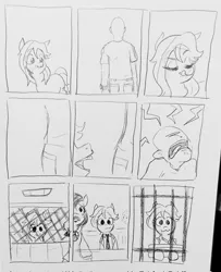 Size: 1664x2048 | Tagged: safe, artist:pony quarantine, derpibooru import, oc, oc:anon, unofficial characters only, earth pony, human, pony, series:pq funnies, butt, car, comic, comic strip, courtroom, female, grayscale, image, implied biting, jail, jpeg, licking, licking lips, lidded eyes, mare, monochrome, no dialogue, open mouth, pencil drawing, police car, prison bars, screaming, this will end in jail time, tongue out, traditional art