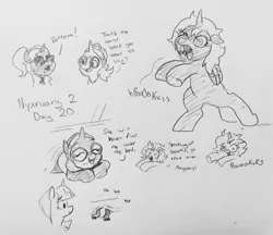 Size: 2048x1772 | Tagged: safe, artist:pony quarantine, derpibooru import, twilight sparkle, oc, oc:dyx, oc:nyx, alicorn, pony, undead, unicorn, zombie, zombie pony, g4, bipedal, butt, clothes swap, cute, dialogue, eyes closed, female, filly, foal, giggling, glasses, grayscale, horn, image, jpeg, lying down, mare, monochrome, nyxruary, open mouth, open smile, pencil drawing, plot, prone, round glasses, sharp teeth, siblings, sisters, smiling, sunglasses, teeth, tongue out, traditional art, trio