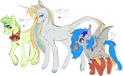 Size: 1280x796 | Tagged: safe, artist:azaani, derpibooru import, oc, oc:melvin, oc:pip, oc:sirius, unofficial characters only, bat pony, earth pony, pony, unicorn, bag, bat pony oc, clothes, female, horn, image, jpeg, leonine tail, male, mare, mouth hold, paper bag, socks, stallion, tail, trio