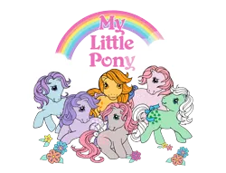 Size: 2048x1567 | Tagged: safe, derpibooru import, official, blossom, blue belle, butterscotch (g1), cotton candy (g1), minty (g1), snuzzle, earth pony, pony, g1, bow, cloud, english, female, flower, group, image, mare, my little pony logo, png, rainbow, simple background, tail, tail bow, transparent background, zazzle