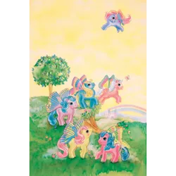 Size: 2048x2048 | Tagged: safe, derpibooru import, official, honeysuckle, lily valley, morning glory, peach blossom, rosedust, flutter pony, pony, g1, backcard, bow, butterfly wings, day, female, flower, flying, forget-me-not, image, mare, png, simple background, tail, tail bow, transparent background, wings, zazzle