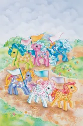 Size: 1354x2048 | Tagged: safe, derpibooru import, official, bonnie bonnets, merriweather (g1), munchy, night glider (g1), twice as fancy buttons, yum yum, earth pony, pegasus, pony, unicorn, g1, backcard, banner, blushing, bow, cascading cutie mark, female, horn, image, looking at you, mare, open mouth, outdoors, parade, png, simple background, tail, tail bow, transparent background, twice as fancy ponies, zazzle