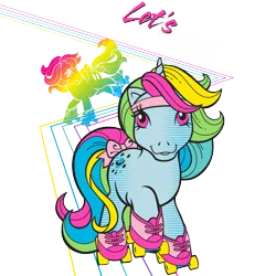 Size: 2048x2048 | Tagged: safe, derpibooru import, official, firefly, moonstone, pegasus, pony, unicorn, g1, 80s, abstract background, bow, duo, duo female, female, horn, image, looking at you, mare, partially transparent background, png, rainbow, retro, roller skates, skates, stereo, sweatband, tail, tail bow, zazzle