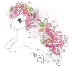 Size: 2048x1818 | Tagged: safe, derpibooru import, official, unnamed character, unnamed pony, pegasus, pony, g1, bow, female, flower, generic pony, image, mare, png, simple background, solo, tail, tail bow, traditional art, unknown character, unknown pony, watercolor painting, zazzle