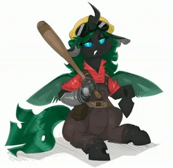 Size: 3000x2900 | Tagged: safe, artist:flutterthrash, derpibooru import, oc, unofficial characters only, changeling, baseball bat, changeling oc, clothes, commission, engineer (tf2), female, goggles, goggles on head, green changeling, hard hat, hat, image, jpeg, lidded eyes, looking at you, overalls, red team, simple background, sitting, smiling, smiling at you, solo, team fortress 2, white background