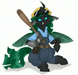 Size: 3000x2900 | Tagged: safe, alternate version, artist:flutterthrash, derpibooru import, oc, unofficial characters only, changeling, baseball bat, blu team, changeling oc, clothes, commission, engineer (tf2), female, goggles, goggles on head, green changeling, hard hat, hat, image, jpeg, lidded eyes, looking at you, overalls, simple background, sitting, smiling, smiling at you, solo, team fortress 2, white background