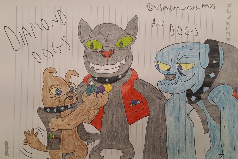Size: 3320x2224 | Tagged: safe, artist:hoffmann10102010, derpibooru import, fido, rover, spot, diamond dog, dog, g4, diamond, image, jpeg, lined paper, male, traditional art