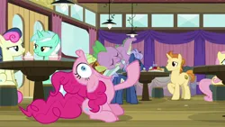 Size: 1280x720 | Tagged: safe, artist:ebotizer, derpibooru import, edit, edited screencap, screencap, bon bon, fluttershy, golden crust, lyra heartstrings, pinkie pie, spike, earth pony, pegasus, pony, unicorn, a trivial pursuit, g4, friendship student, horn, image, jpeg, low quality, midnight snack (g4), my little pony, vore