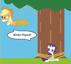 Size: 711x646 | Tagged: artist needed, safe, derpibooru import, applejack, rarity, earth pony, pony, unicorn, g4, applesub, bondage, bound and gagged, cloth gag, duo, duo female, female, femsub, gag, horn, image, png, rarisub, submissive, tree