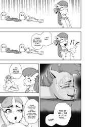 Size: 1008x1434 | Tagged: safe, artist:begoliah, derpibooru import, apple bloom, button mash, scootaloo, sweetie belle, earth pony, pegasus, pony, unicorn, comic:crusaders, g4, blood, clapping, comic, cutie mark crusaders, eyes closed, female, gap teeth, gravestone, horn, image, lying down, male, monochrome, nosebleed, older, older apple bloom, older button mash, older cmc, older scootaloo, older sweetie belle, on back, open mouth, png, x eyes