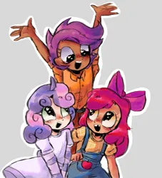 Size: 1183x1302 | Tagged: safe, artist:klvrika, derpibooru import, apple bloom, scootaloo, sweetie belle, human, g4, ahoge, clothes, cutie mark crusaders, female, freckles, gap teeth, gray background, human coloration, humanized, image, looking at each other, looking at someone, overalls, png, short sleeves over long sleeves, simple background, smiling, trio, trio female