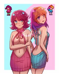 Size: 1200x1500 | Tagged: suggestive, artist:shadouette, derpibooru import, pinkie pie, rainbow dash, human, g4, :3, :p, abstract background, alternate hair color, backless, backwards virgin killer sweater, barely pony related, blushing, breasts, clothes, duo, duo female, eyebrows, eyebrows visible through hair, female, human coloration, humanized, image, jpeg, lesbian, looking back, nudity, open-back sweater, party girl, passepartout, pinkiedash, shipping, sleeveless, sleeveless sweater, strategically covered, sweat, sweatdrop, sweater, terraria, tongue out, virgin killer sweater, wardrobe misuse, watermark