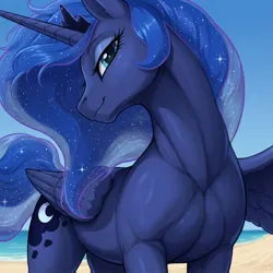 Size: 1024x1024 | Tagged: safe, ai generated, alternate version, anonymous prompter, editor:derp621, generator:nanobanana, princess luna, alicorn, pony, g4, beach, female, horn, image, jpeg, lidded eyes, looking at you, mare, missing accessory, muscles, one wing out, outdoors, solo, toned, toned female, wings