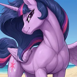 Size: 1024x1024 | Tagged: safe, ai generated, alternate version, anonymous prompter, editor:derp621, generator:nanobanana, twilight sparkle, twilight sparkle (alicorn), alicorn, pony, g4, beach, female, horn, image, jpeg, lidded eyes, looking at you, mare, missing accessory, muscles, one wing out, outdoors, solo, toned, toned female, wings