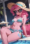 Size: 800x1169 | Tagged: questionable, ai generated, prompter:iakovlmlp, pinkie pie, anthro, earth pony, g4, bare shoulders, bikini, breasts, clothes, female, flower in hat, hat, image, jpeg, poolside, sarong, solo, solo female, straw hat, sunglasses, swimming pool, swimsuit