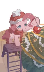 Size: 1234x2048 | Tagged: safe, artist:mugitya012, derpibooru import, pinkie pie, earth pony, pony, g4, christmas, christmas ornament, christmas tree, clothes, decorating, decoration, female, hat, high angle, holiday, hoof hold, image, mare, png, santa hat, scarf, simple background, smiling, solo, stepladder, tree, white background
