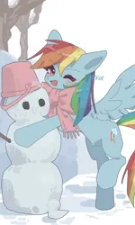 Size: 1230x2048 | Tagged: safe, artist:mugitya012, derpibooru import, rainbow dash, pegasus, pony, g4, blushing, bowtie, clothes, cute, female, hug, image, looking at you, mare, one eye closed, open mouth, open smile, outdoors, png, raised leg, scarf, smiling, snow, snowman, solo, spread wings, wings, wink, winter