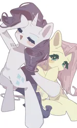 Size: 1232x2048 | Tagged: safe, artist:mugitya012, derpibooru import, fluttershy, rarity, pony, unicorn, g4, bipedal, blushing, duo, eyes closed, female, horn, image, mare, marshmelodrama, open mouth, png, rarity being rarity, simple background, sitting, smiling, swoon, white background