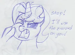 Size: 941x693 | Tagged: safe, artist:unitxxvii, derpibooru import, oc, oc:dyx, unofficial characters only, alicorn, human, pony, bust, cheek pinch, dialogue, disembodied hand, fangs, female, filly, foal, hand, image, jpeg, monochrome, offscreen character, one eye closed, open mouth, pen drawing, squishy cheeks, traditional art