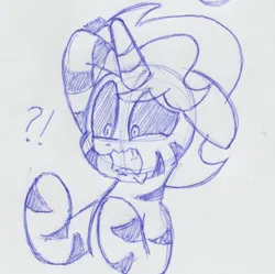 Size: 688x684 | Tagged: safe, artist:unitxxvii, derpibooru import, oc, oc:dyx, unofficial characters only, alicorn, pony, zebra, bust, exclamation point, fangs, female, filly, floppy ears, foal, frown, image, interrobang, jpeg, monochrome, open mouth, pen drawing, question mark, solo, species swap, traditional art, zebrafied