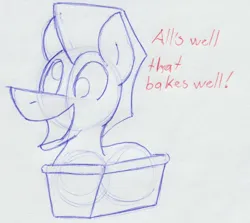 Size: 864x772 | Tagged: safe, artist:unitxxvii, derpibooru import, oc, unofficial characters only, earth pony, pony, baking pan, derp, image, loaf pan, lying down, male, monochrome, open mouth, open smile, pen drawing, png, ponyloaf, prone, smiling, solo, stallion, traditional art