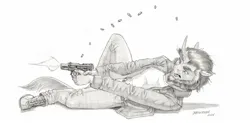 Size: 1600x786 | Tagged: safe, artist:baron engel, derpibooru import, oc, unofficial characters only, anthro, kirin, unguligrade anthro, g4, gun, gunshot, image, jpeg, kirin oc, male, monochrome, solo, story included, weapon