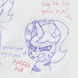 Size: 835x833 | Tagged: safe, artist:unitxxvii, derpibooru import, oc, oc:dyx, unofficial characters only, alicorn, pony, zebra, bust, dialogue, female, filly, foal, frown, image, jpeg, monochrome, offscreen character, pen drawing, solo, species swap, traditional art, unamused, zebrafied