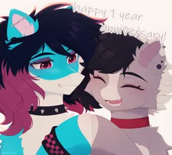 Size: 3874x3500 | Tagged: safe, artist:floweryoutoday, derpibooru import, oc, unofficial characters only, pony, cheek fluff, choker, duo, ear piercing, earring, fangs, female, holding hooves, image, jewelry, lip piercing, lip ring, male, mare, oc x oc, open mouth, open smile, piercing, png, shipping, smiling, spiked choker, stallion, straight