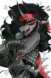 Size: 1346x2048 | Tagged: safe, artist:wuyou, derpibooru import, king sombra, pony, g4, clothes, curved horn, fangs, gameloft, gameloft interpretation, headband, horn, image, jacket, jpeg, leather, leather jacket, looking at you, male, microphone, rock (music), rockstar, slit pupils, smiling, smiling at you, solo, stallion