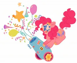 Size: 2048x1680 | Tagged: safe, artist:aurora_gl1mmer, derpibooru import, pinkie pie, earth pony, pony, g4, balloon, bow, chubby, clown, clown makeup, clown nose, confetti, cute, diapinkes, female, image, jpeg, mare, noisemaker, pansexual pride flag, party cannon, pride, pride flag, red nose, simple background, smiley face, solo, sticker, streamers, unshorn fetlocks, white background